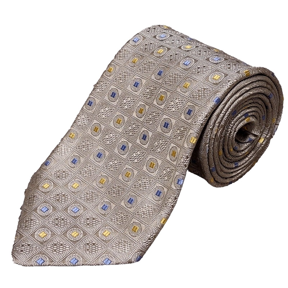 BRIONI Tie 3.5" x 58.5" Necktie Gold Geometric Blue Accents 100% Silk Italy